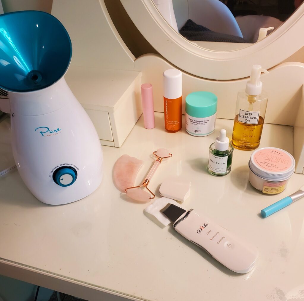 Skincare products and facial steamer for at home facial
